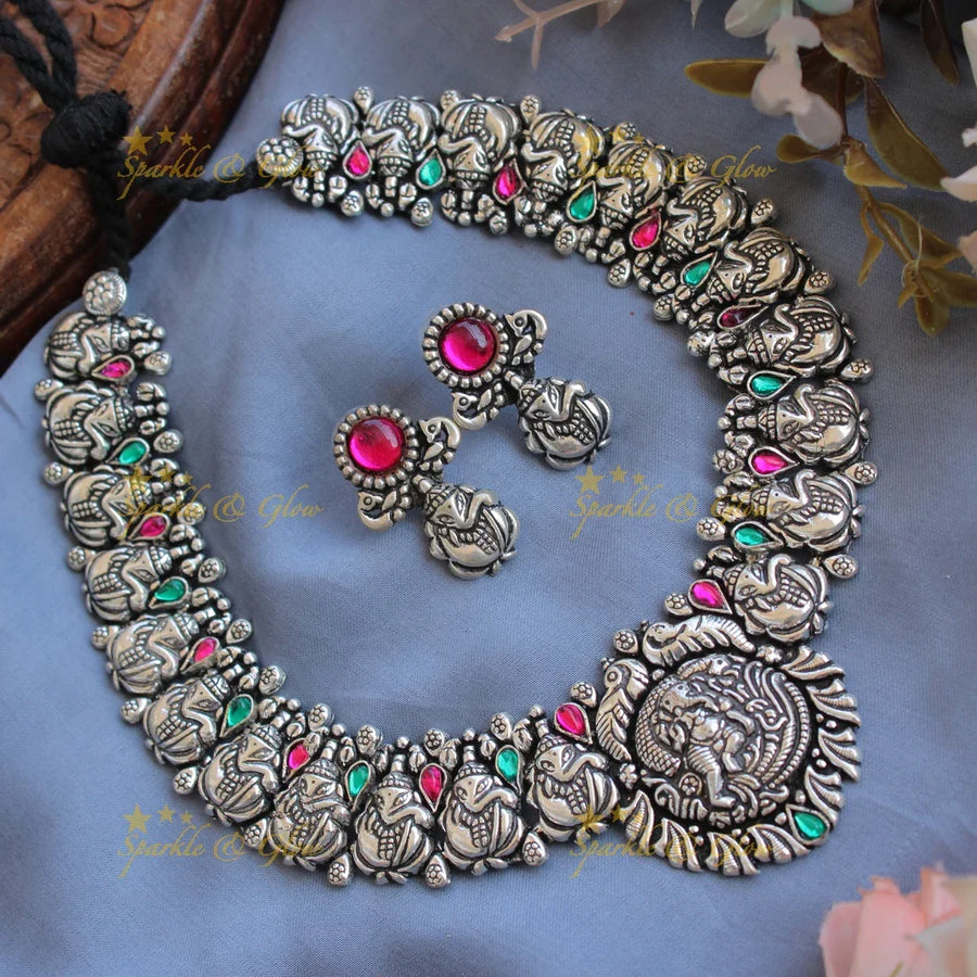 Stunning Kohlapuri oxidised Ganesha peacock carved silver short necklace - Sparkle and Glow