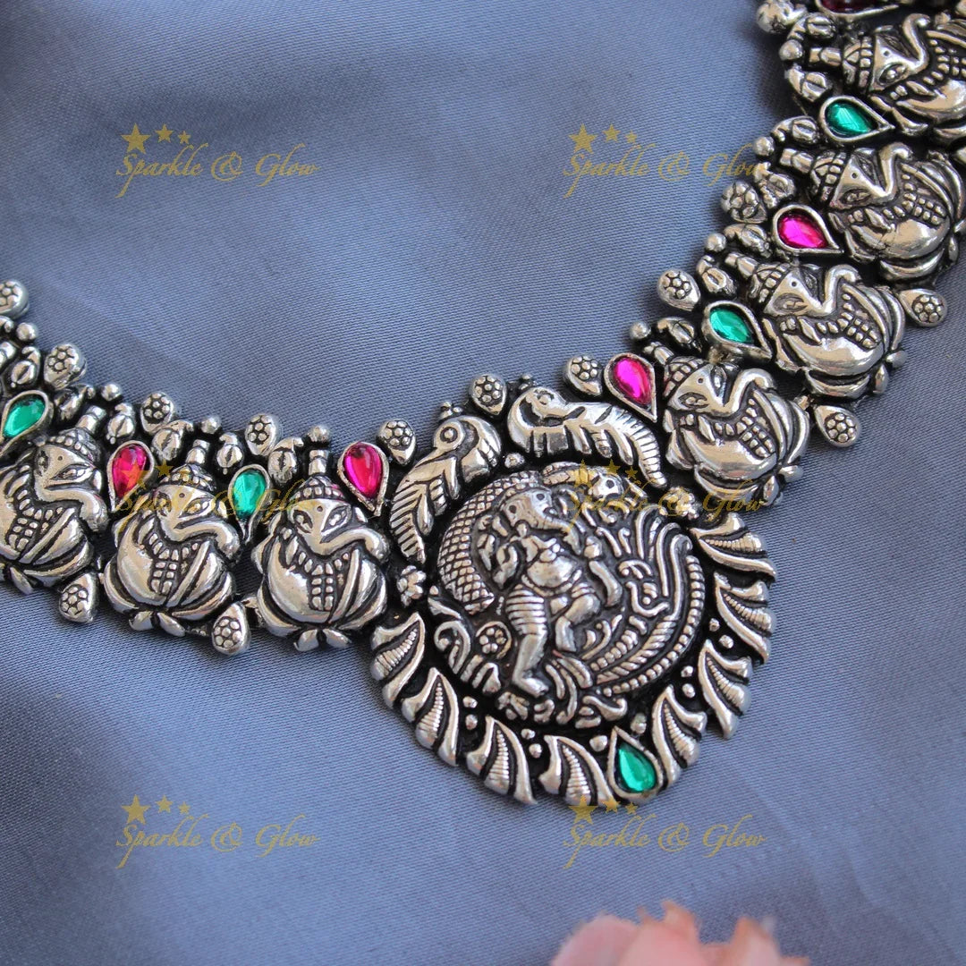 Stunning Kohlapuri oxidised Ganesha peacock carved silver short necklace - Sparkle and Glow