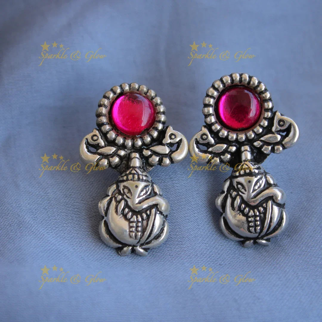 Stunning Kohlapuri oxidised Ganesha peacock carved silver short necklace - Sparkle and Glow