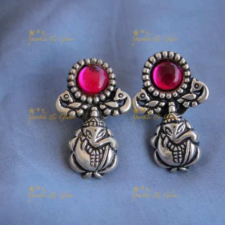 Stunning Kohlapuri oxidised Ganesha peacock carved silver short necklace - Sparkle and Glow