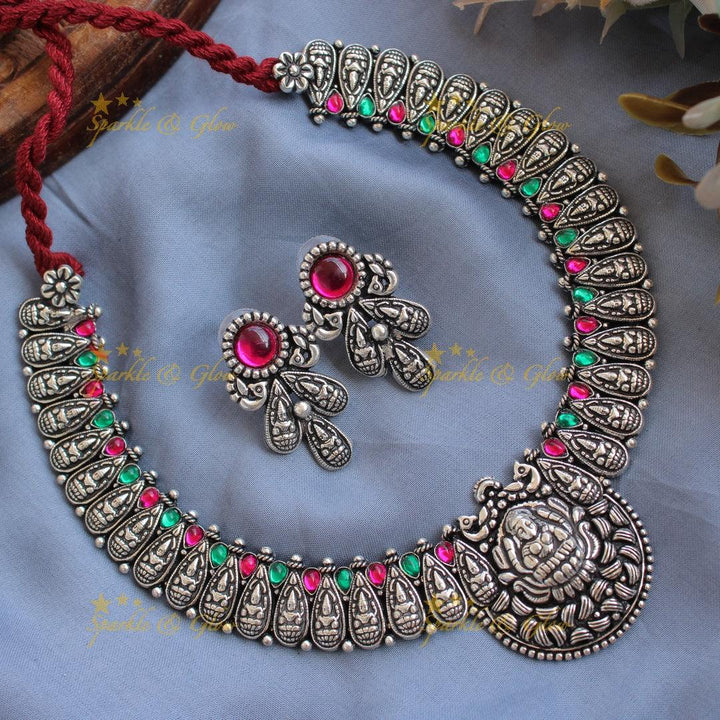 Exclusive Kohlapuri oxidised Lakshmi carved silver short necklace with silver beads - Sparkle and Glow