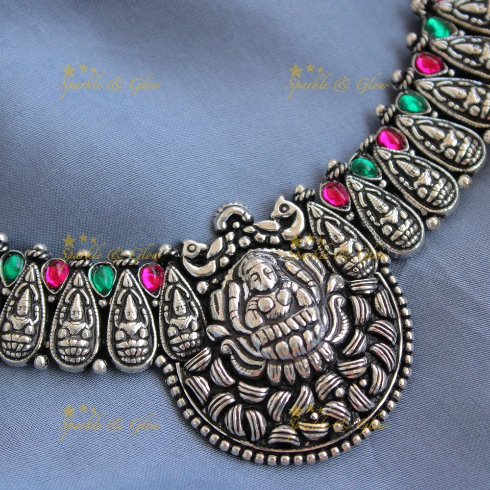 Exclusive Kohlapuri oxidised Lakshmi carved silver short necklace with silver beads - Sparkle and Glow