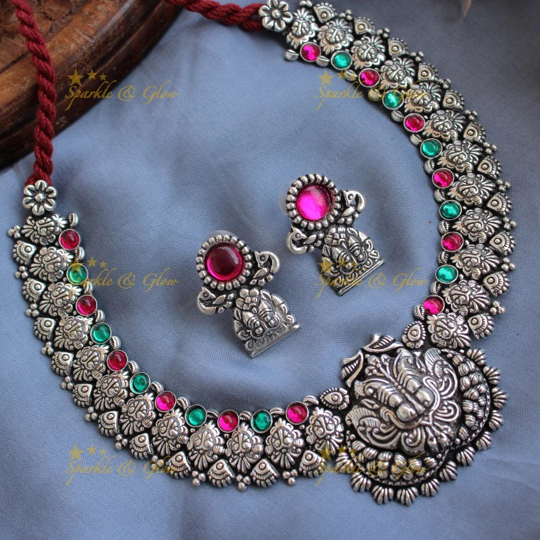 Statement Kohlapuri oxidised Lion face carved tribal silver short necklace with silver beads - Sparkle and Glow