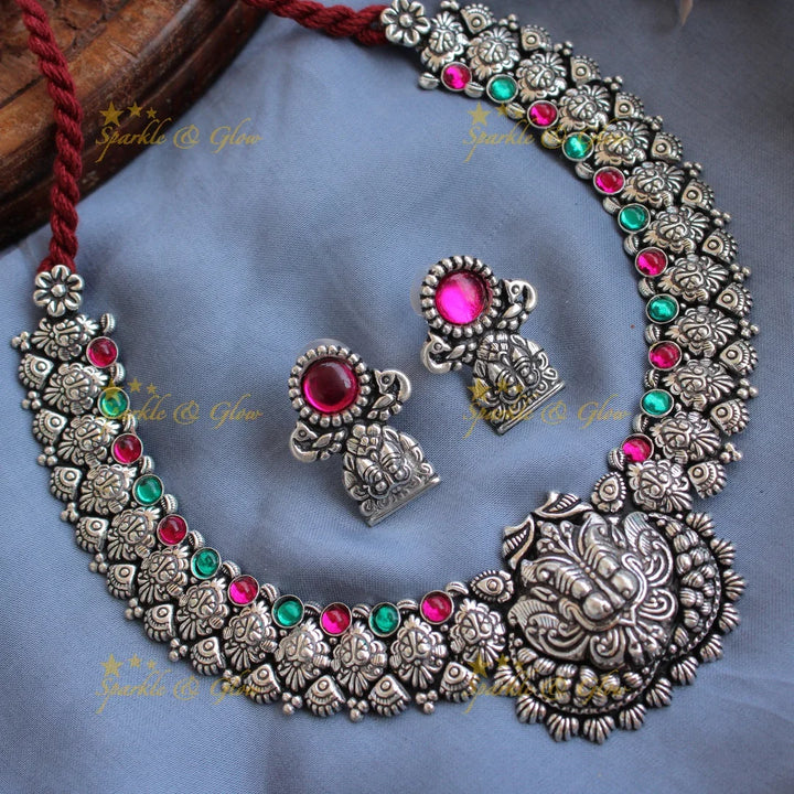Statement Kohlapuri oxidised Lion face carved tribal silver short necklace with silver beads - Sparkle and Glow
