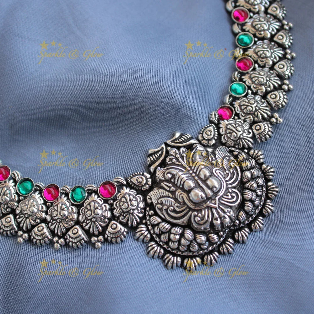 Statement Kohlapuri oxidised Lion face carved tribal silver short necklace with silver beads - Sparkle and Glow