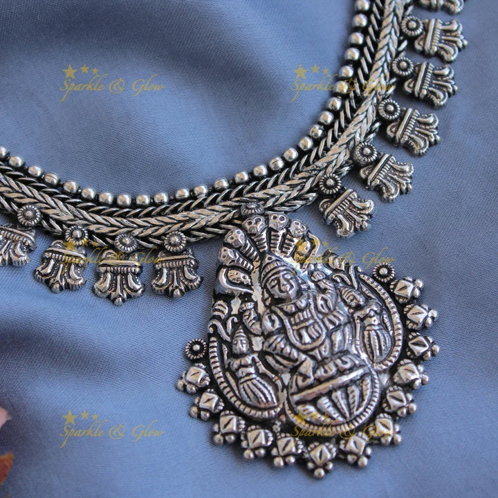 Stunning Kohlapuri oxidised Naga pendant silver short necklace with silver beads - Sparkle and Glow