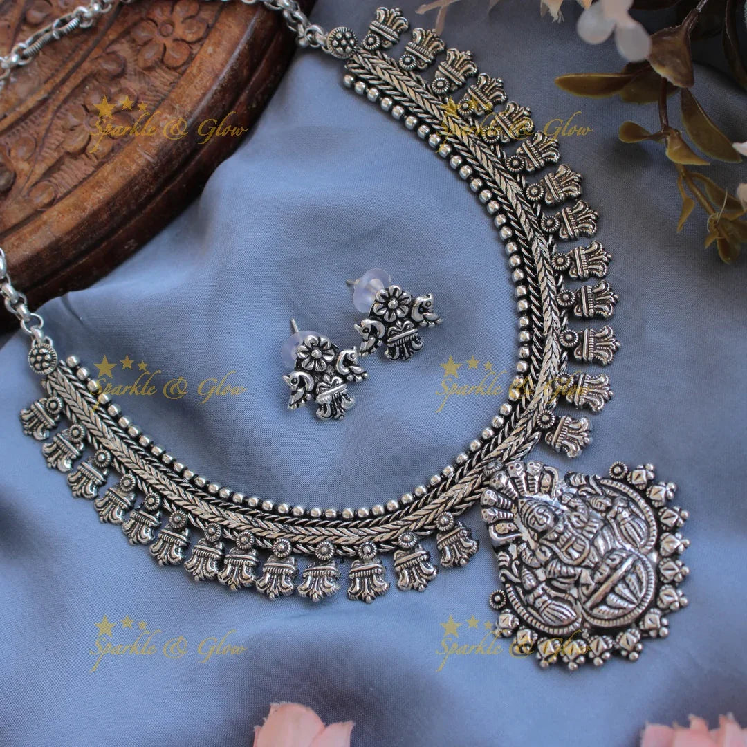 Stunning Kohlapuri oxidised Naga pendant silver short necklace with silver beads - Sparkle and Glow