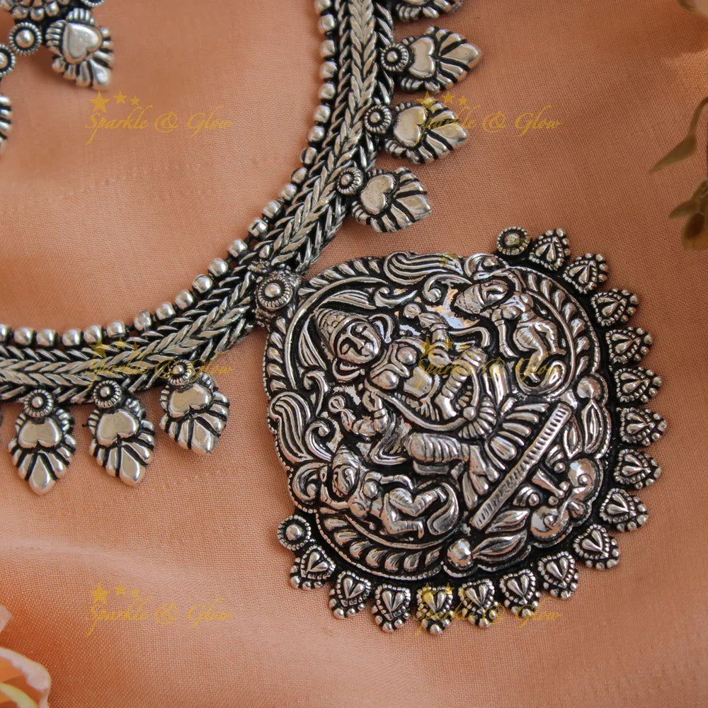 Statement Kohlapuri oxidised Lakshmi carved pendant floral silver short necklace with silver beads - Sparkle and Glow