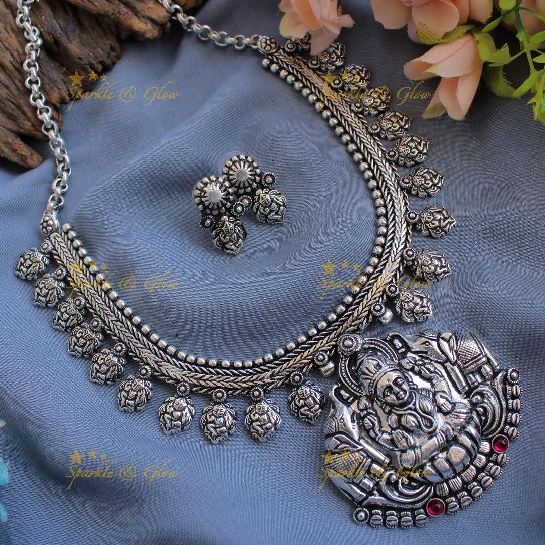 Stunning Kohlapuri oxidised Lakshmi and elephant carved silver short necklace - Sparkle and Glow