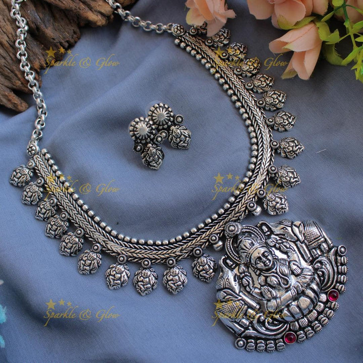 Stunning Kohlapuri oxidised Lakshmi and elephant carved silver short necklace - Sparkle and Glow