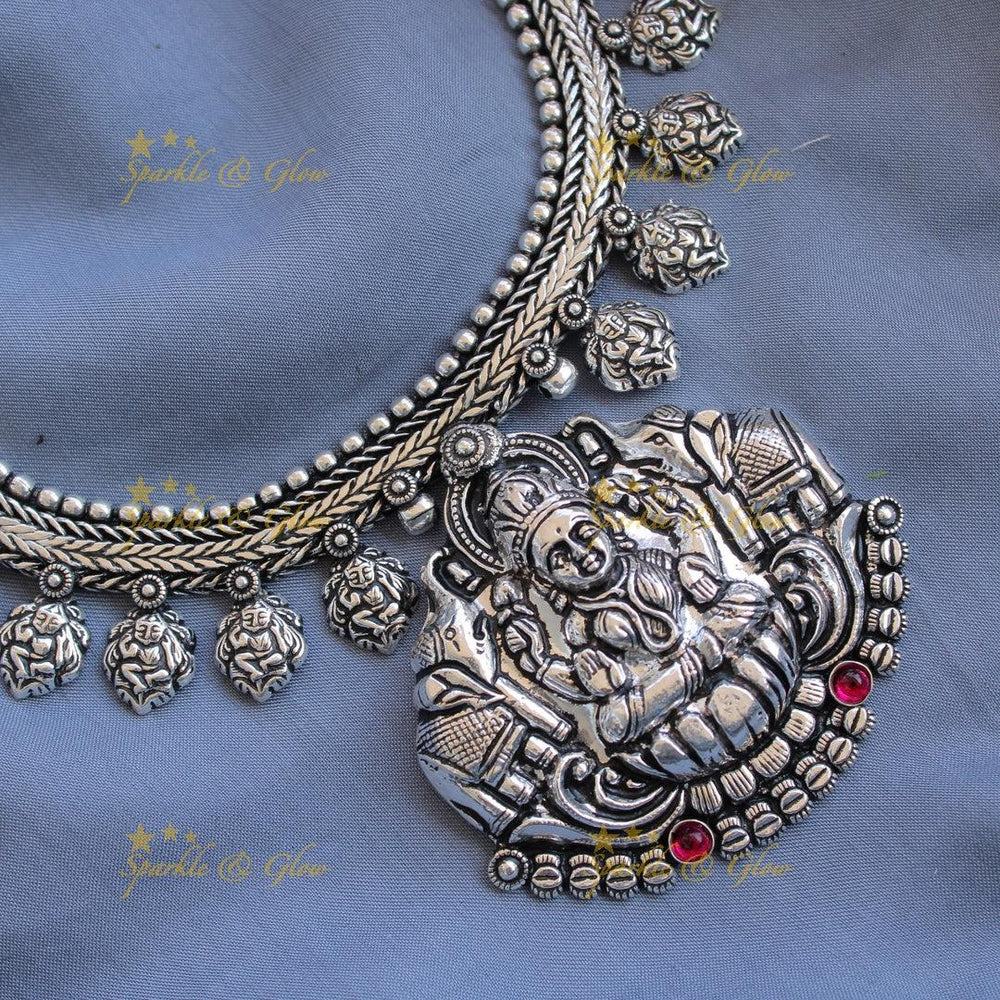 Stunning Kohlapuri oxidised Lakshmi and elephant carved silver short necklace - Sparkle and Glow