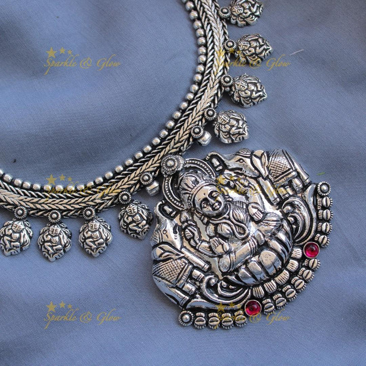 Stunning Kohlapuri oxidised Lakshmi and elephant carved silver short necklace - Sparkle and Glow