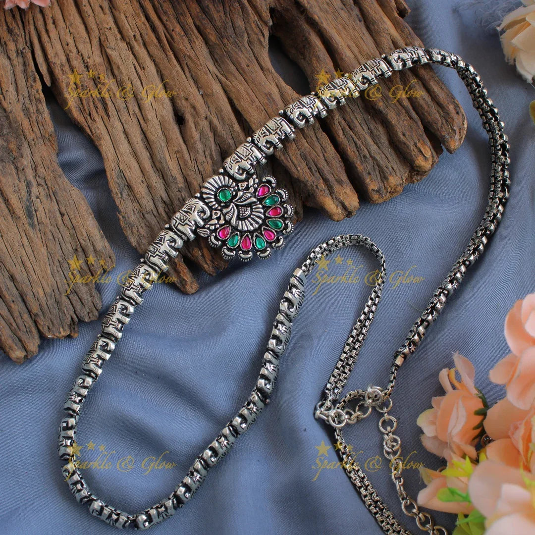 Stunning Kohlapuri oxidised Elephant carved floral pendant Hip chain - Sparkle and Glow