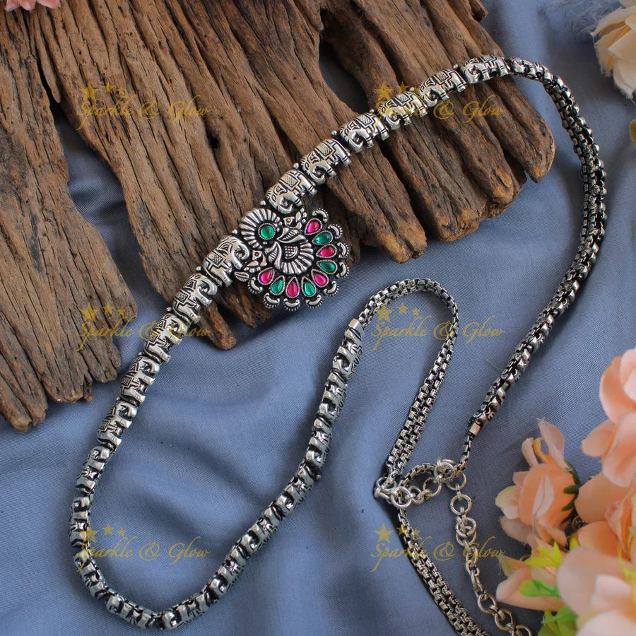 Stunning Kohlapuri oxidised Elephant carved floral pendant Hip chain - Sparkle and Glow