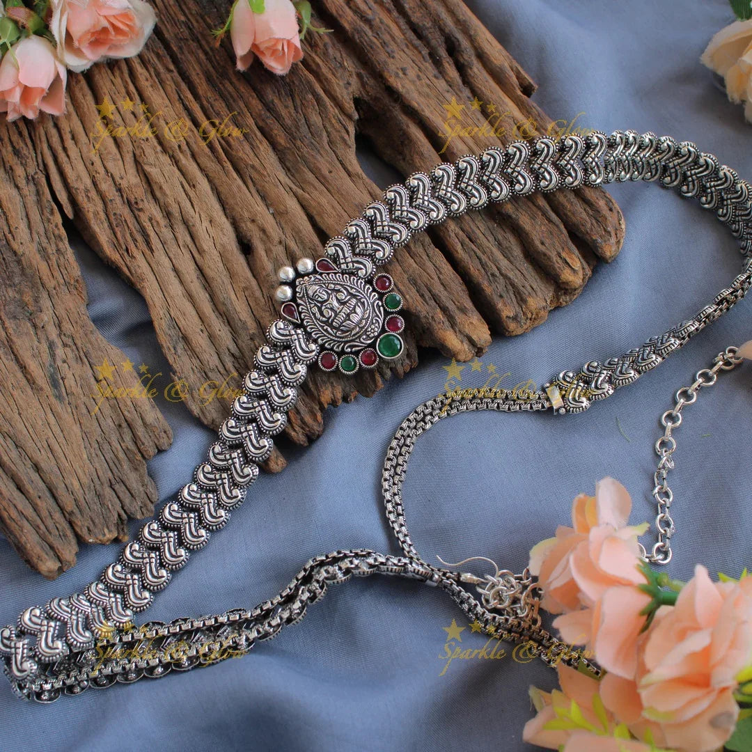 Elegant Kohlapuri oxidised Branch design Lakshmi carved pendant Hip chain - Sparkle and Glow