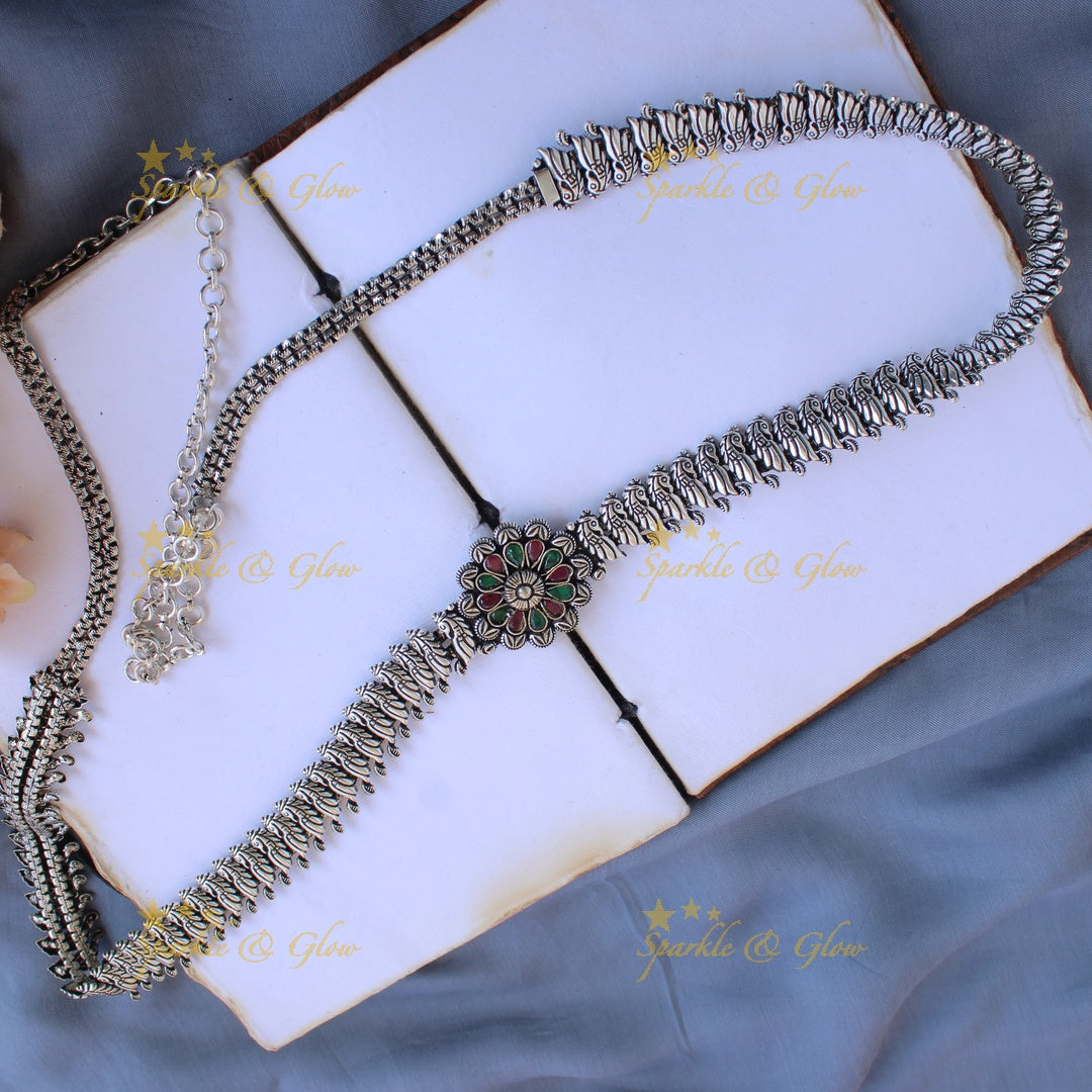 Gorgeous Kohlapuri oxidised Peacock carved floral pendant Hip chain