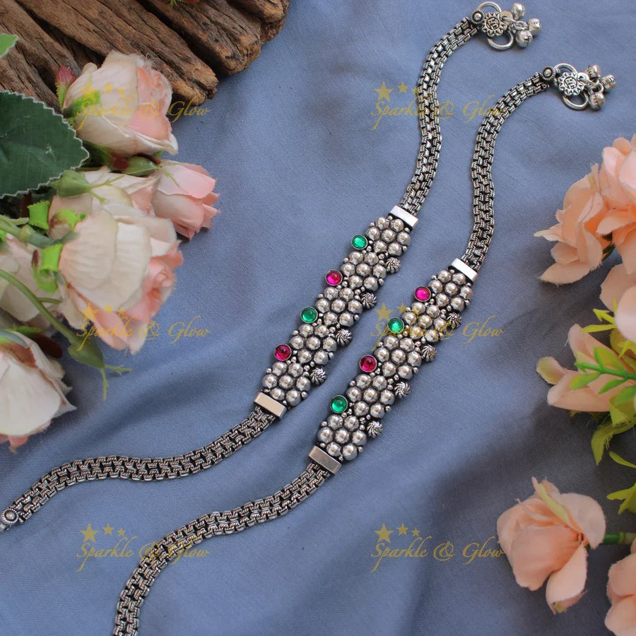 Gorgeous oxidised silver beads flower design multi colour anklet - Sparkle and Glow