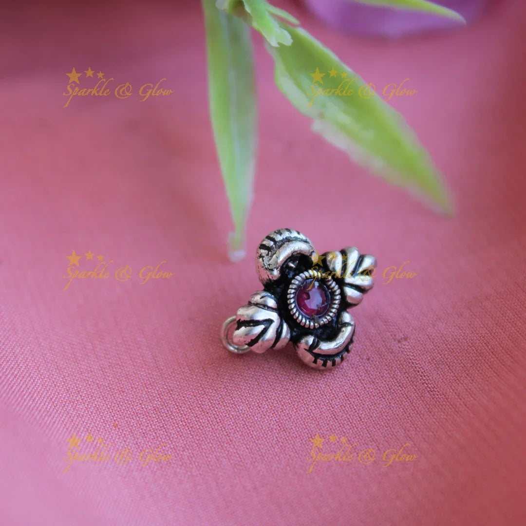 Beautiful oxidised silver leaflet design nose pin with ruby - Sparkle and Glow
