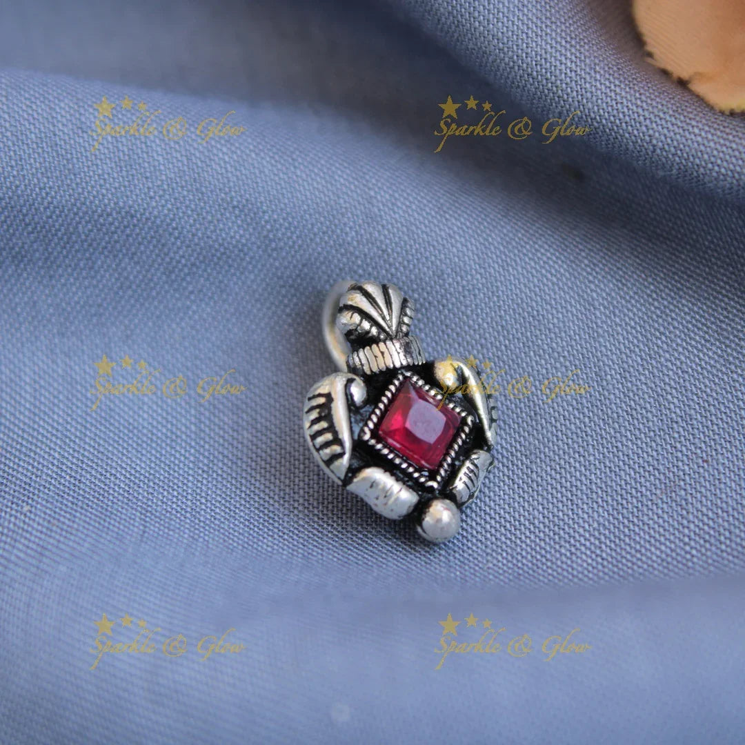 Beautiful oxidised silver unique design nose pin with ruby - Sparkle and Glow
