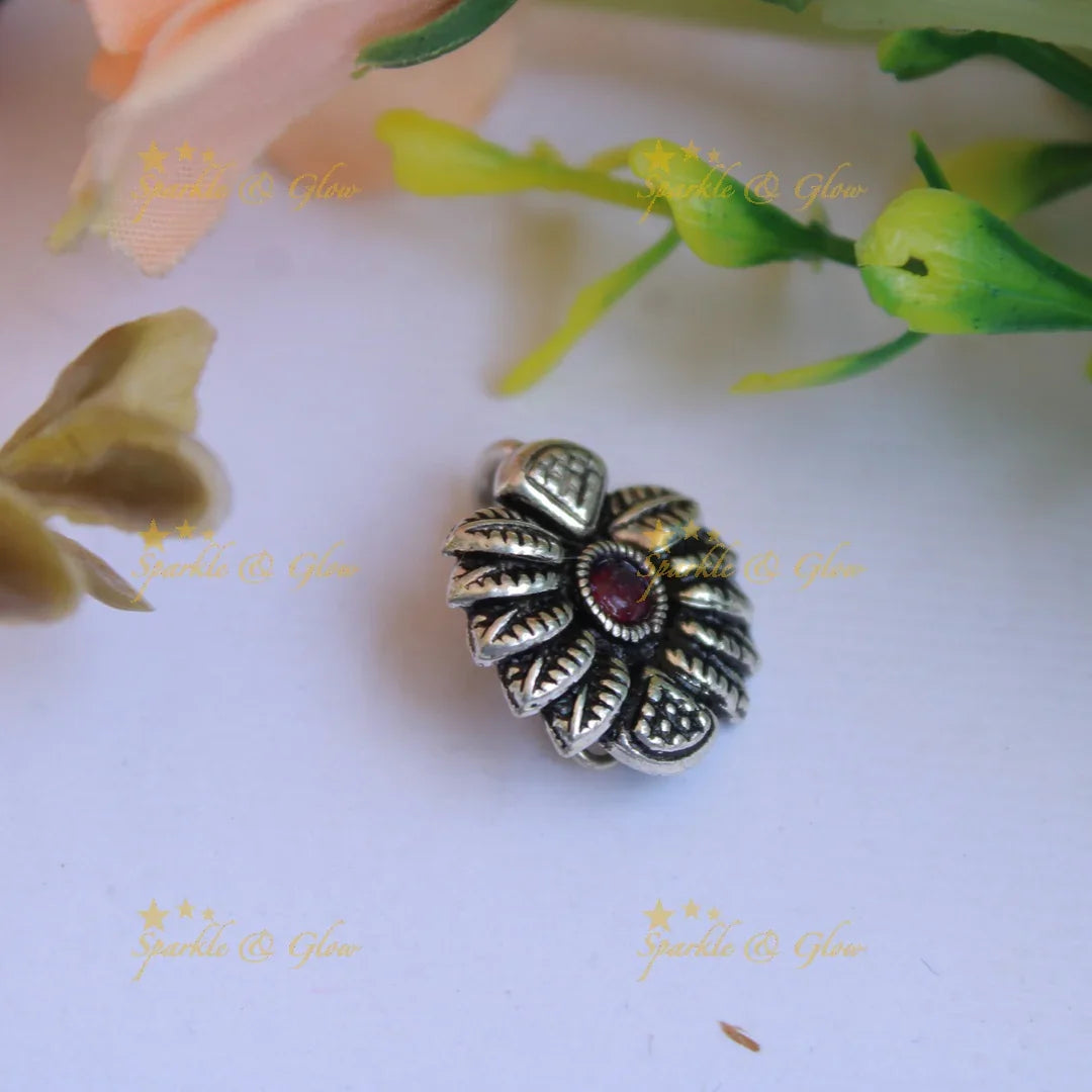 Stunning oxidised silver leaf design nose pin with ruby - Sparkle and Glow
