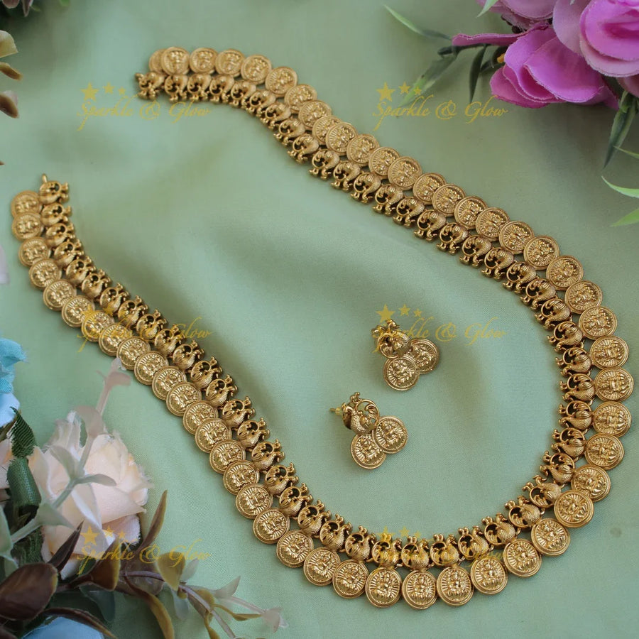 Stunning Premium Matt Lakshmi peacock coin haram - Sparkle and Glow