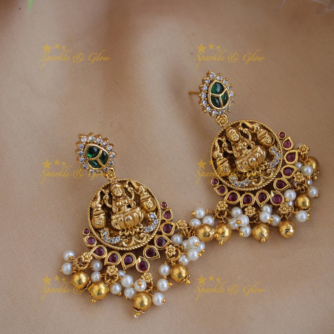 Elegant Lakshmi peacock carved floral short necklace with ruby emerald and pearls and gold beads - Sparkle and Glow