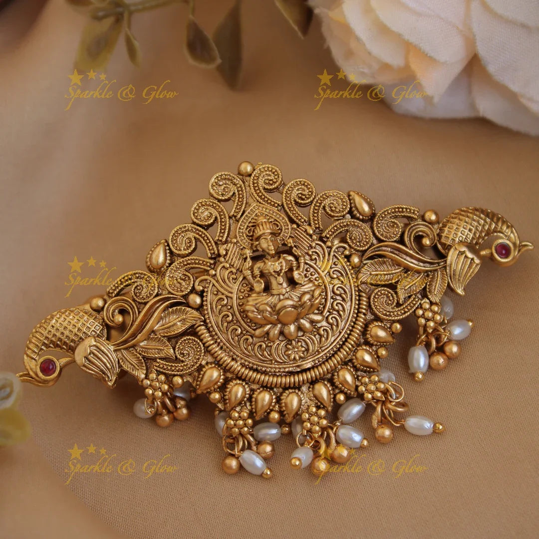 Elegant Gold alike Lakshmi Peacock Hair Clip with Gold and Pearl Beads - Sparkle and Glow