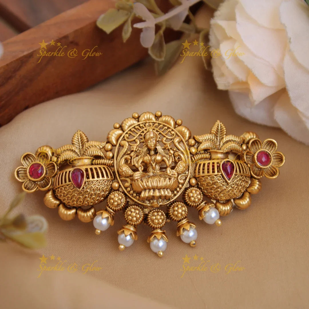 Exclusive Gold alike Lakshmi with Ghot design Hair Clip - Sparkle and Glow