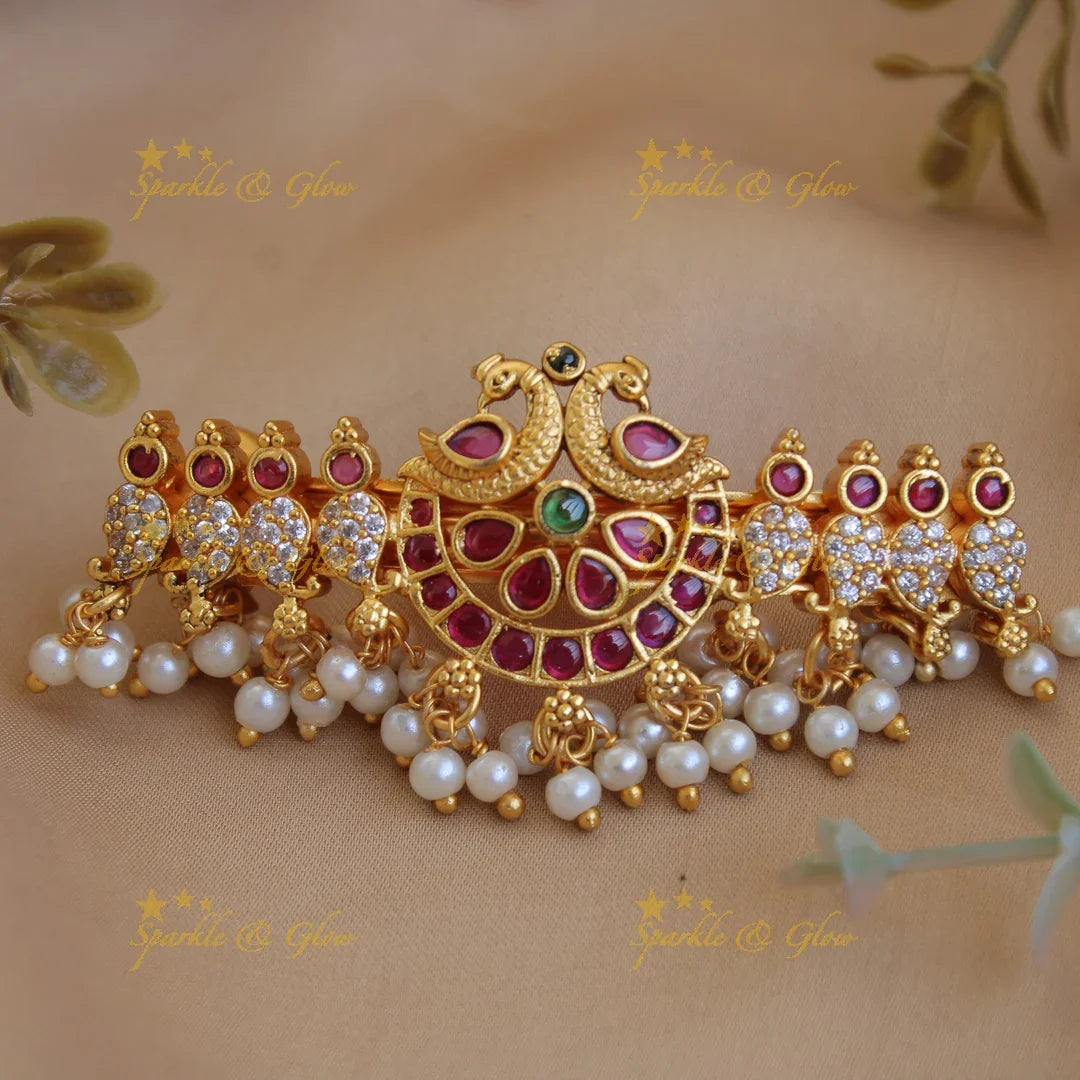 Beautiful Gold alike Peacock with AD Stone Hair Clip with Pearl beads - Sparkle and Glow