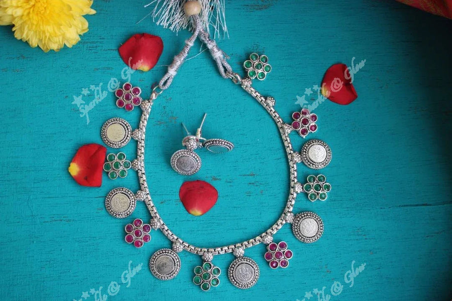 Elegant coin and flower necklace-silver multi design1 - Sparkle and Glow
