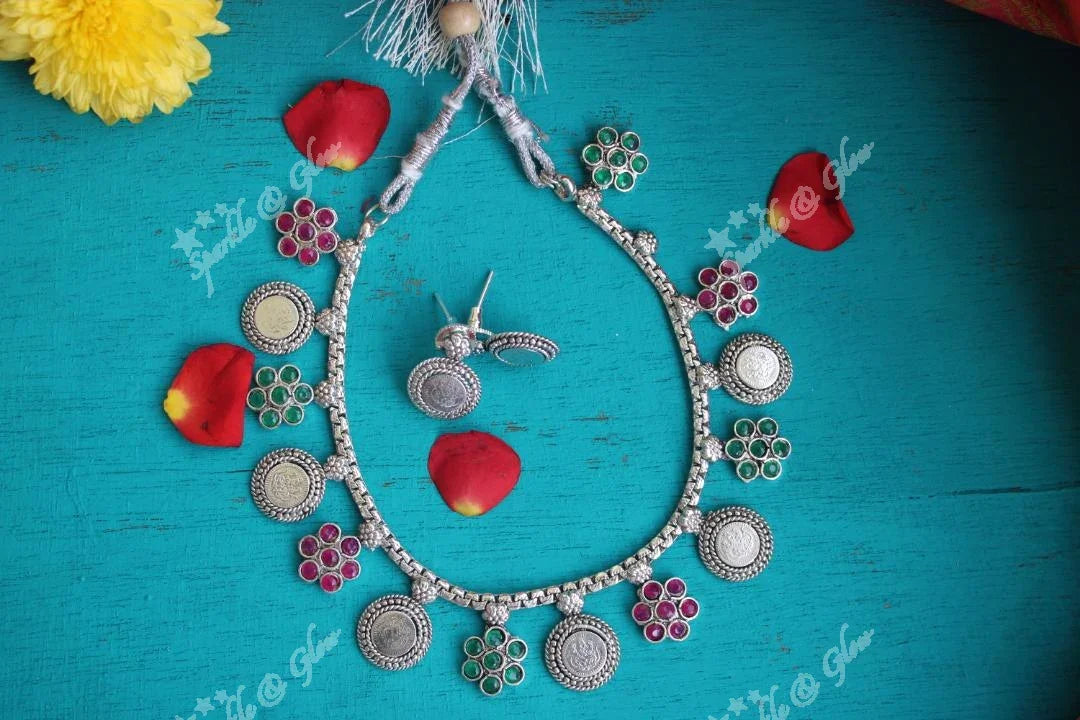 Elegant coin and flower necklace-silver multi design1 - Sparkle and Glow