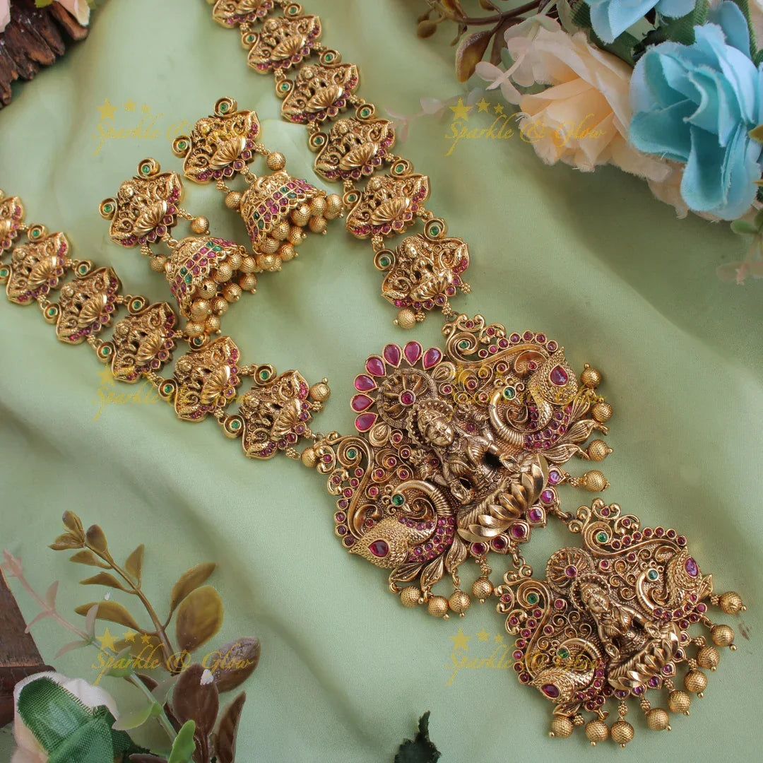 Grand intricatly carved Lakshmi peacock long necklace with kemp stone and gold beads - Sparkle and Glow