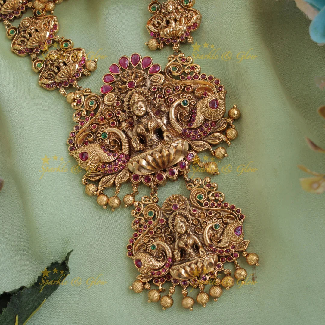 Grand intricatly carved Lakshmi peacock long necklace with kemp stone and gold beads - Sparkle and Glow