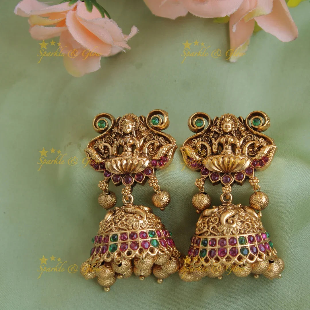 Grand intricatly carved Lakshmi peacock long necklace with kemp stone and gold beads - Sparkle and Glow