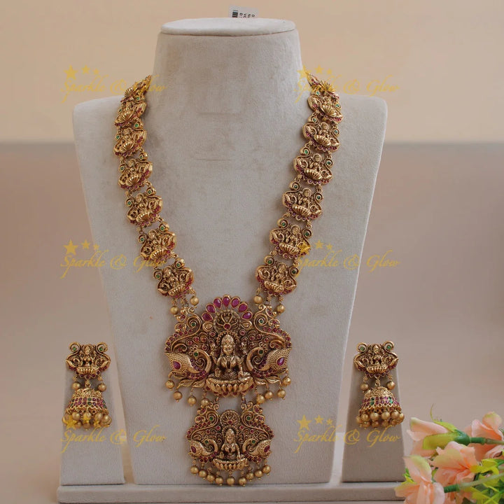 Grand intricatly carved Lakshmi peacock long necklace with kemp stone and gold beads - Sparkle and Glow