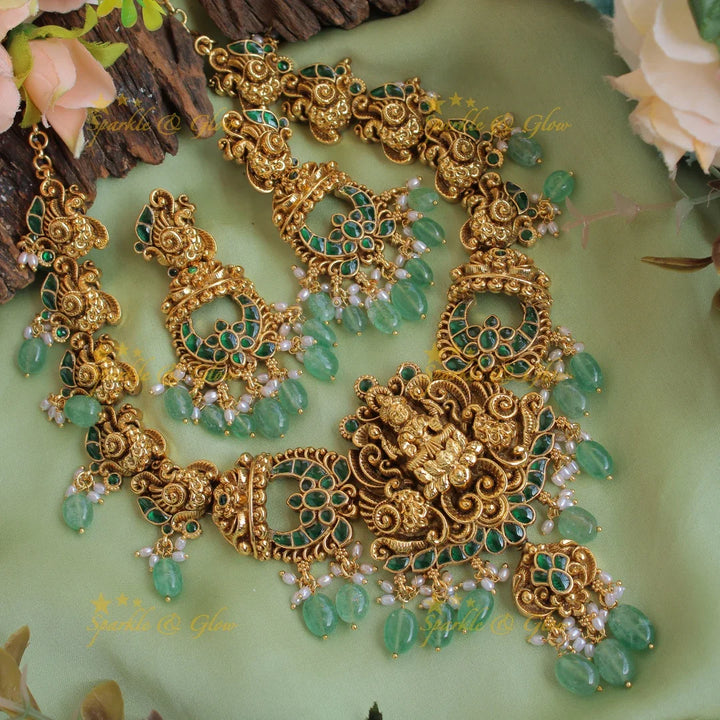 Stunning Lakshmi peacock carved kemp short necklace with mint green beads - Sparkle and Glow