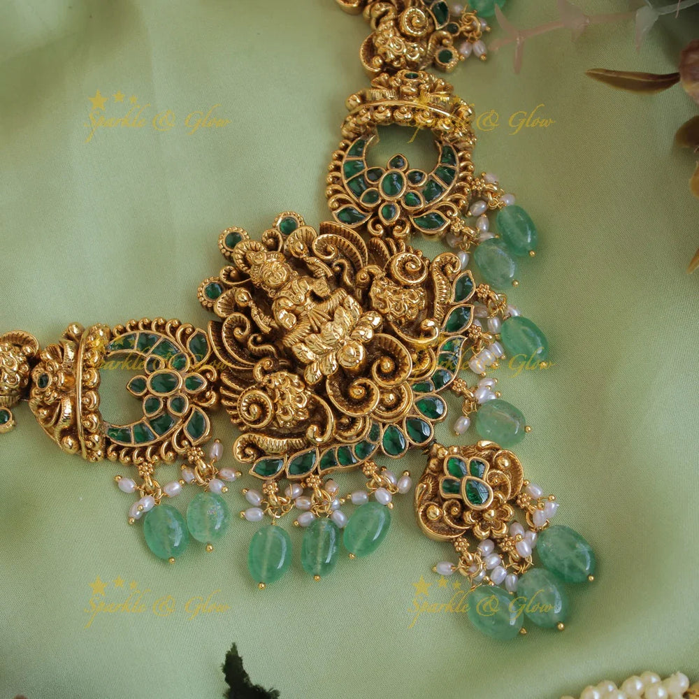 Stunning Lakshmi peacock carved kemp short necklace with mint green beads - Sparkle and Glow