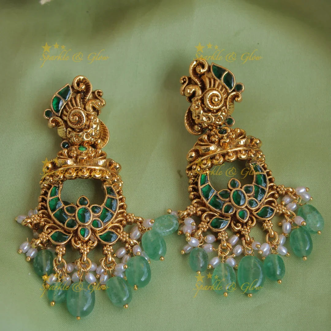 Stunning Lakshmi peacock carved kemp short necklace with mint green beads - Sparkle and Glow