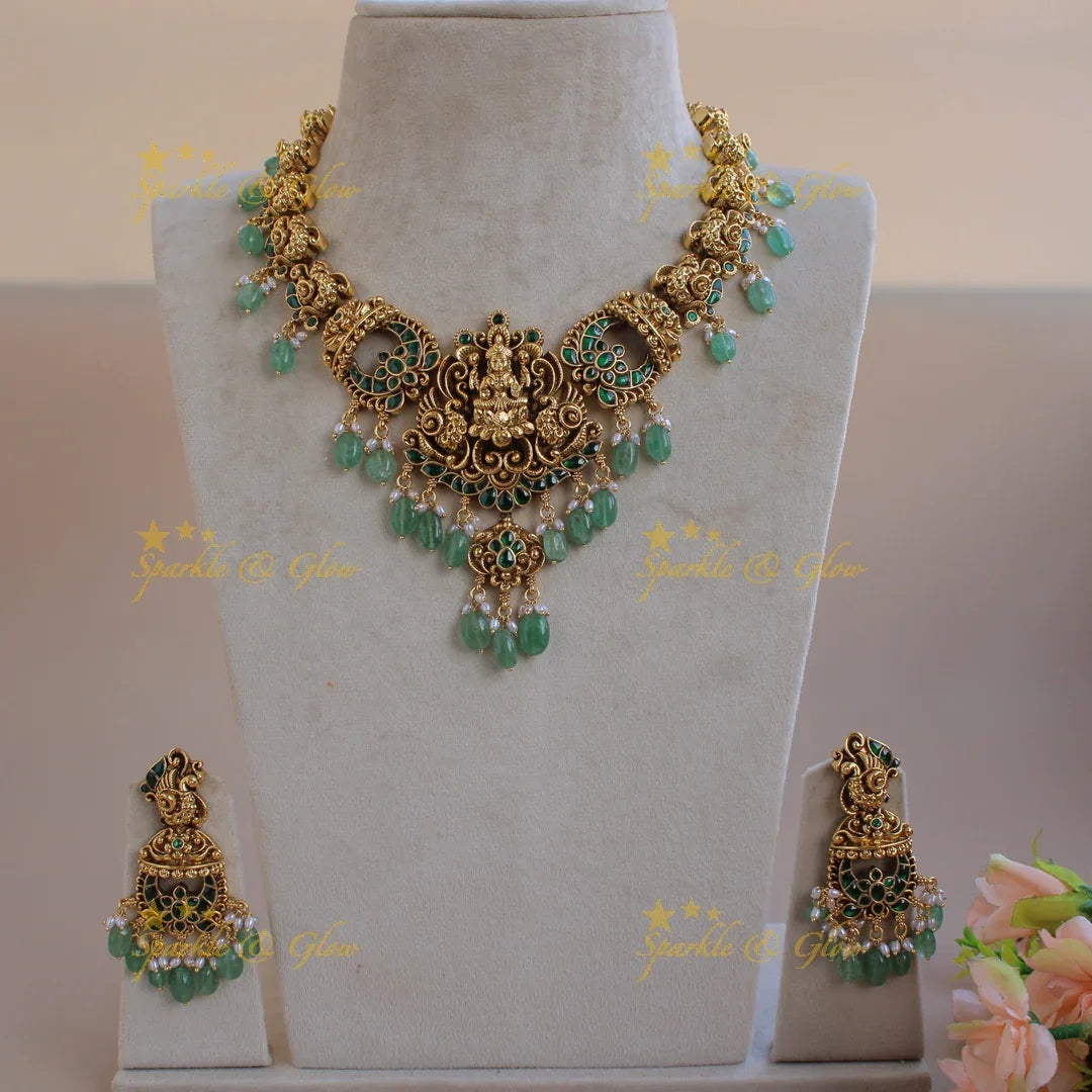 Stunning Lakshmi peacock carved kemp short necklace with mint green beads - Sparkle and Glow