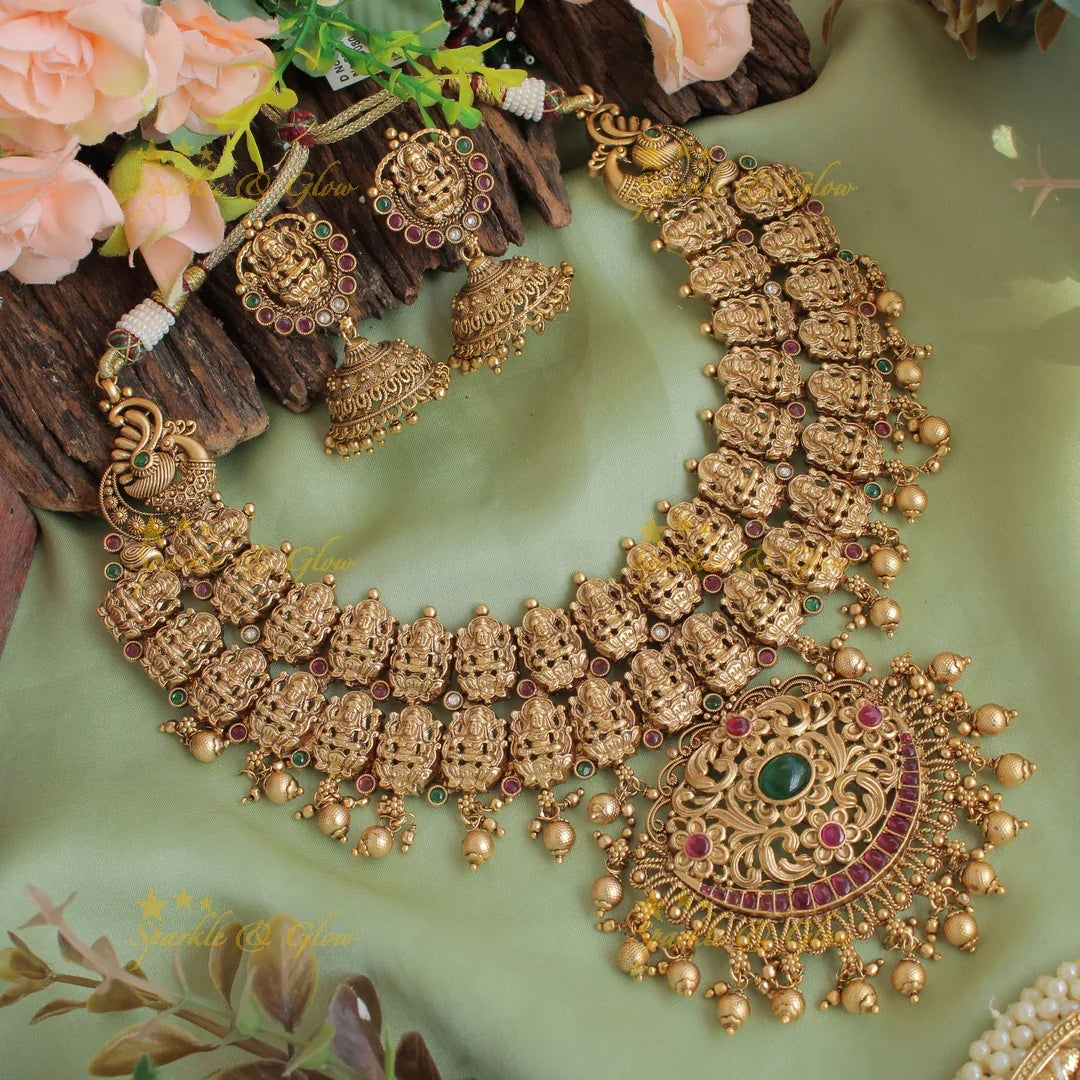 Exclusive two layer Lakshmi peacock carved kemp stone short necklace with gold beads - Sparkle and Glow