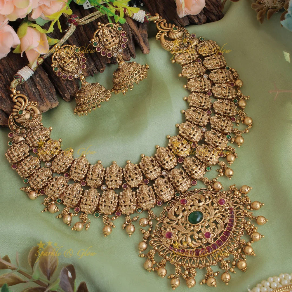 Exclusive two layer Lakshmi peacock carved kemp stone short necklace with gold beads - Sparkle and Glow