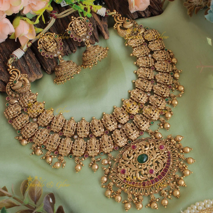 Exclusive two layer Lakshmi peacock carved kemp stone short necklace with gold beads - Sparkle and Glow
