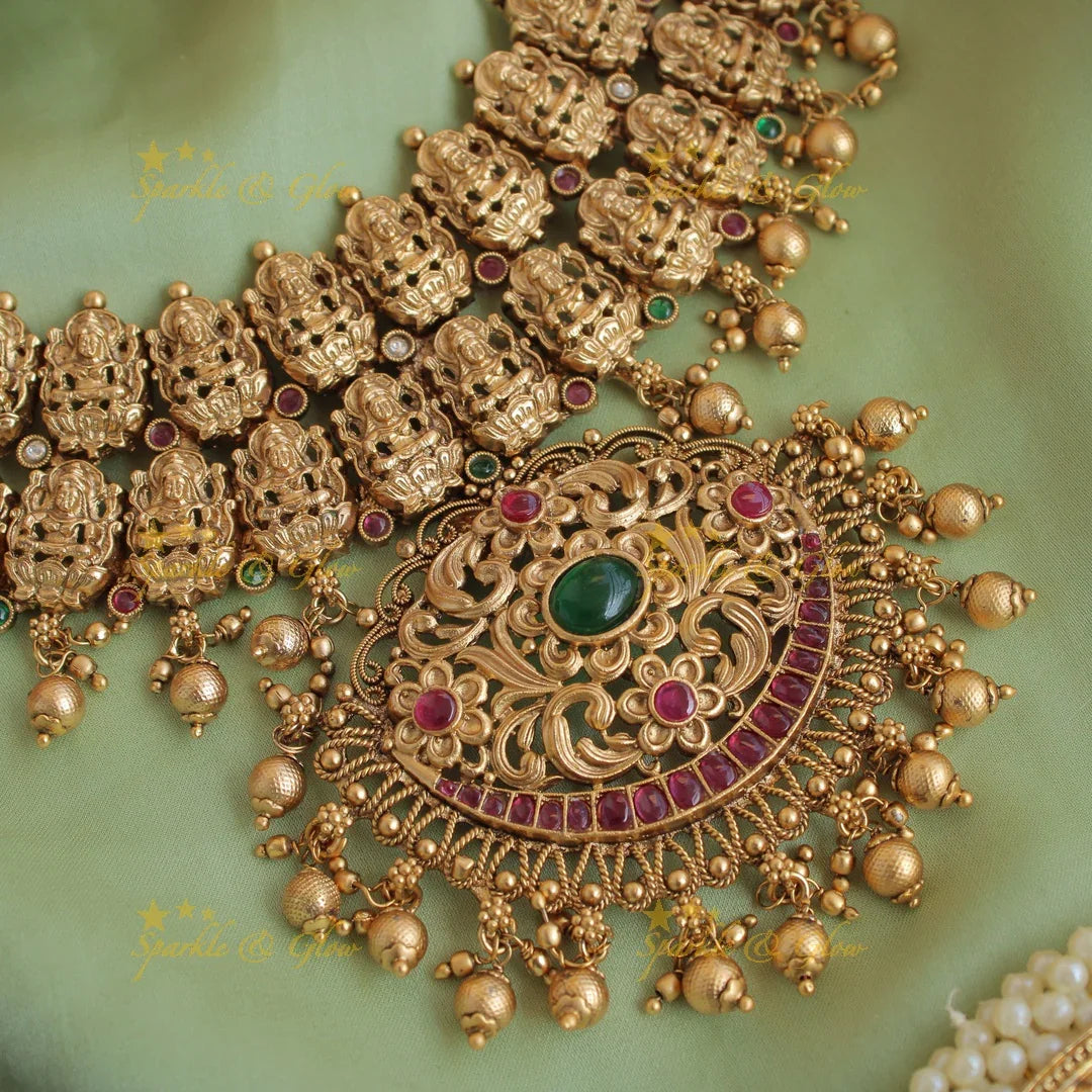 Exclusive two layer Lakshmi peacock carved kemp stone short necklace with gold beads - Sparkle and Glow