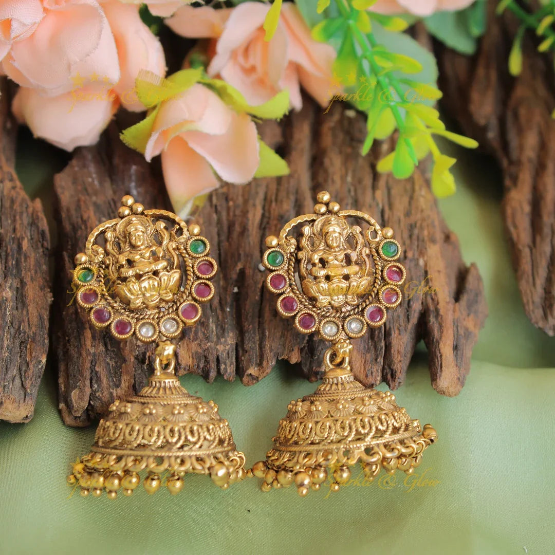 Exclusive two layer Lakshmi peacock carved kemp stone short necklace with gold beads - Sparkle and Glow