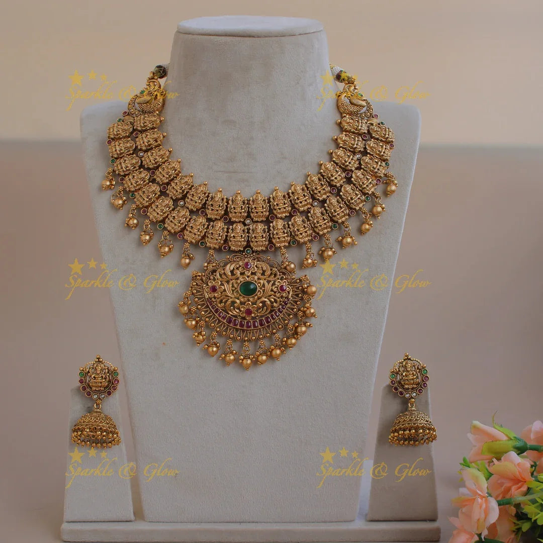Exclusive two layer Lakshmi peacock carved kemp stone short necklace with gold beads - Sparkle and Glow