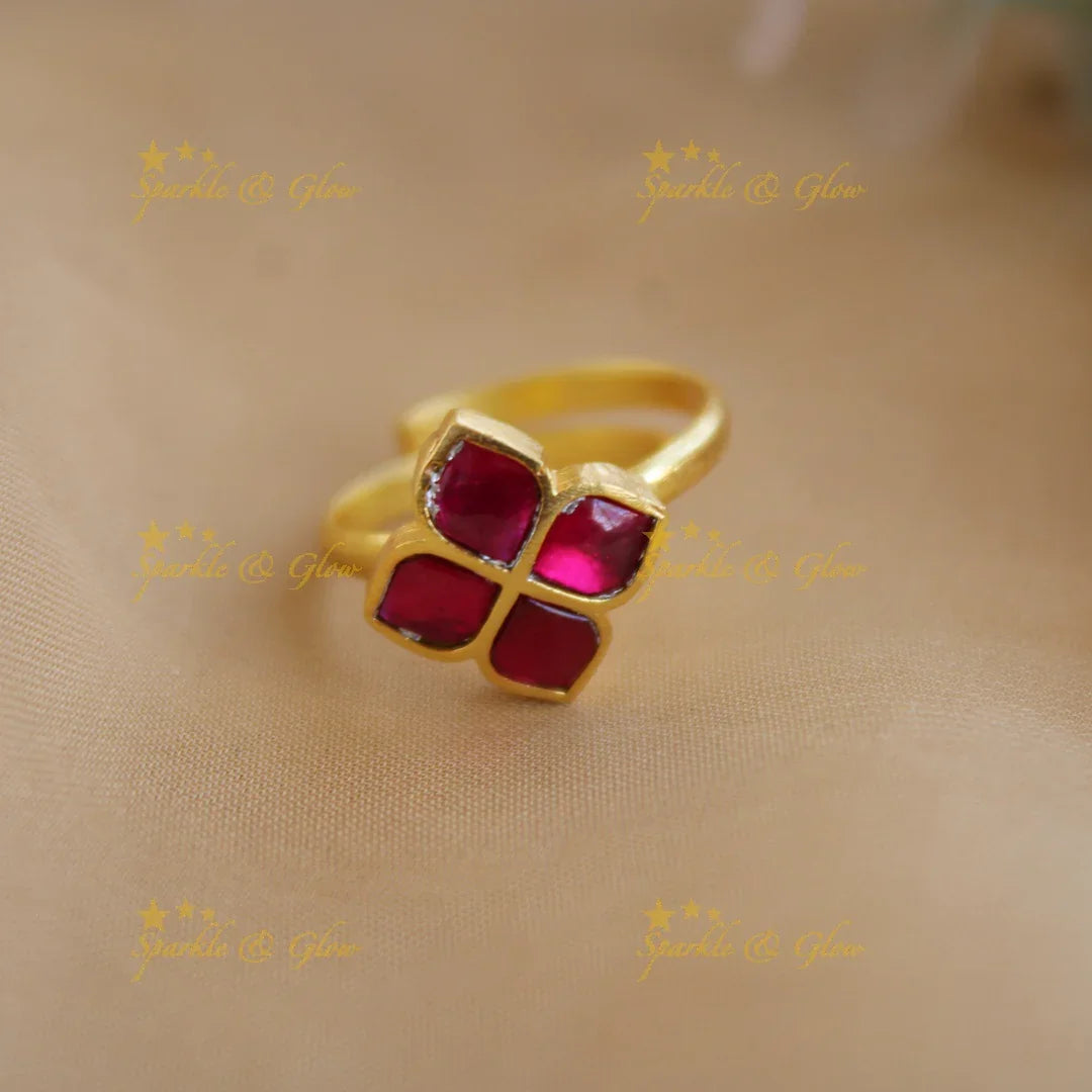 Floral design jadau finger ring , red and green - Sparkle and Glow