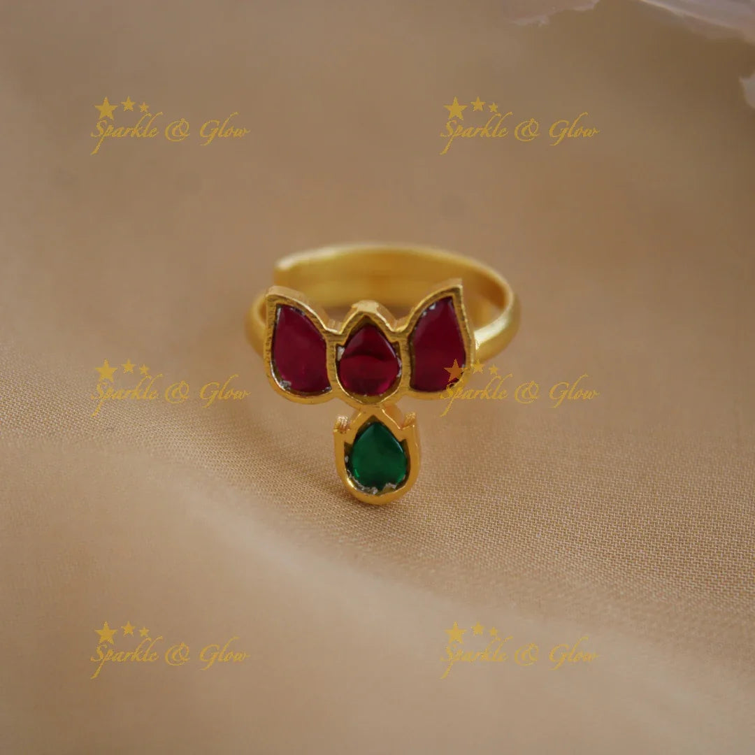Lotus design jadau finger ring , red and green - Sparkle and Glow