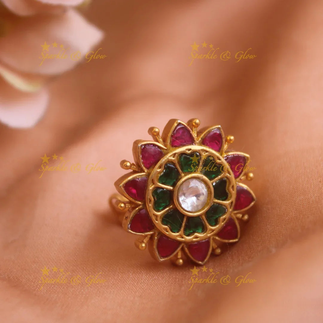 Beautiful Floral design jadau finger ring , multi colour - Sparkle and Glow