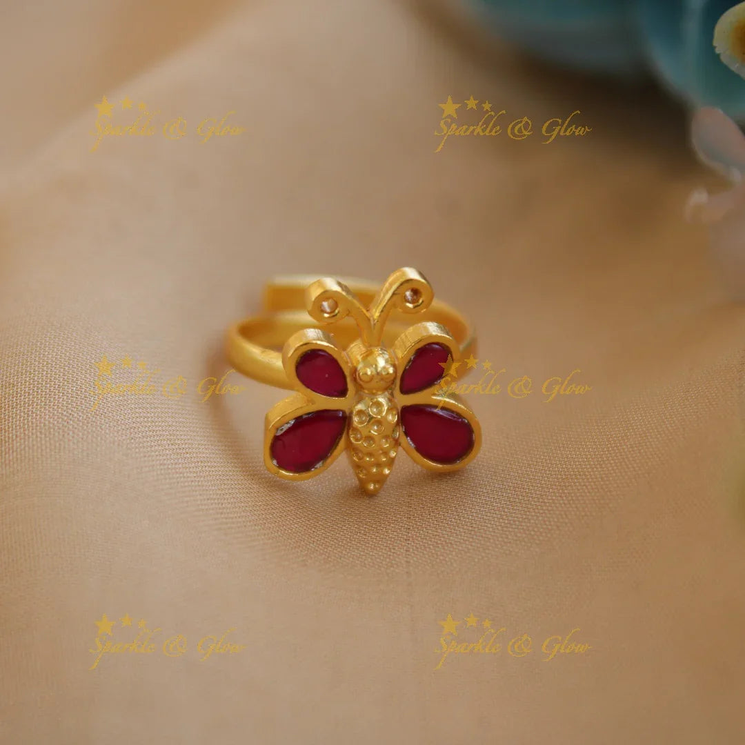 Butterfly design jadau finger ring , red - Sparkle and Glow