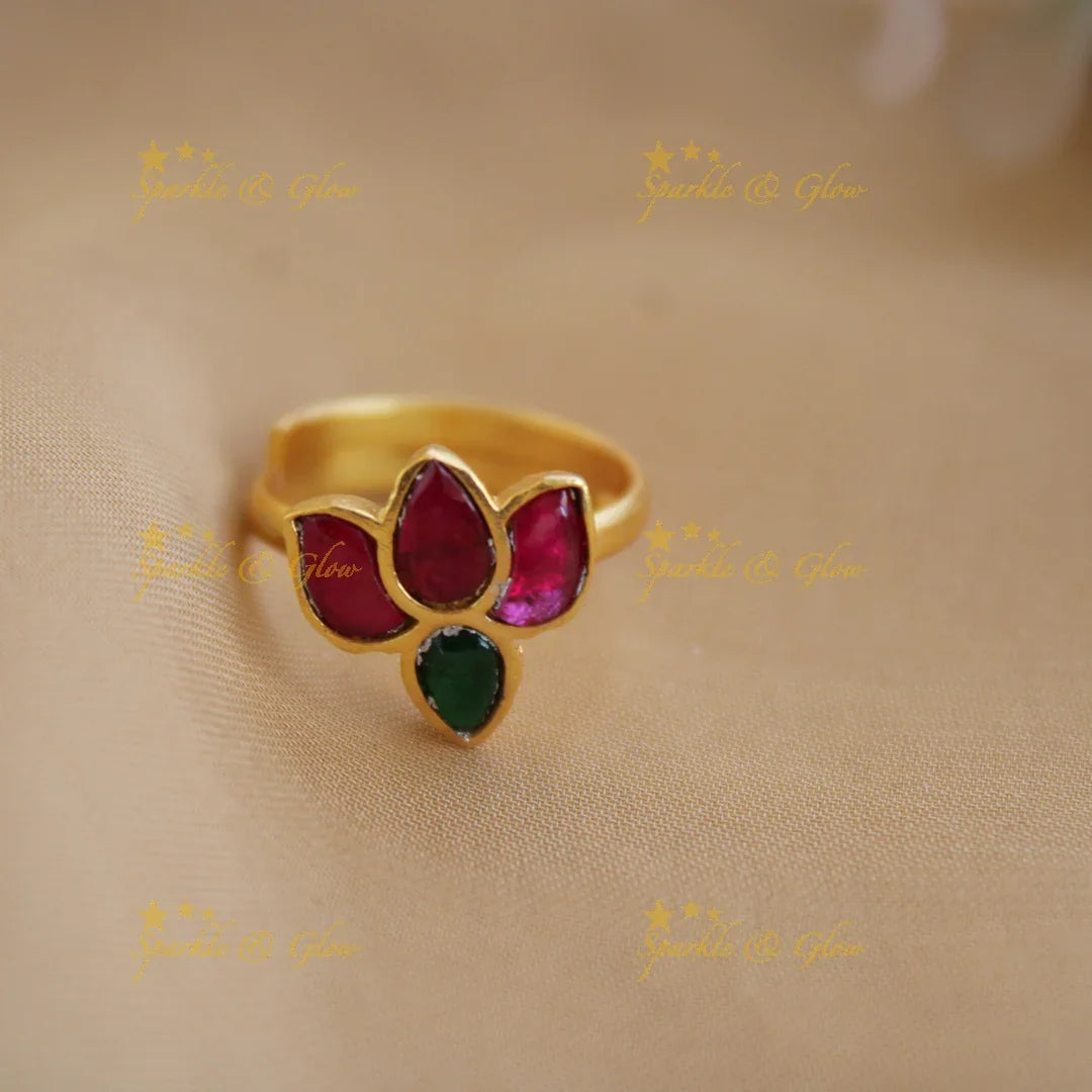 Elegant Lotus design jadau finger ring , red and green - Sparkle and Glow